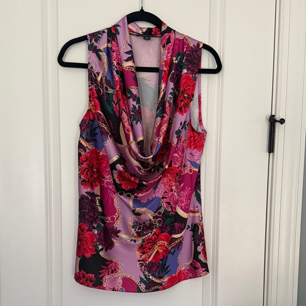 Boston Proper Pink and Purple Floral Cowl Neck Blouse